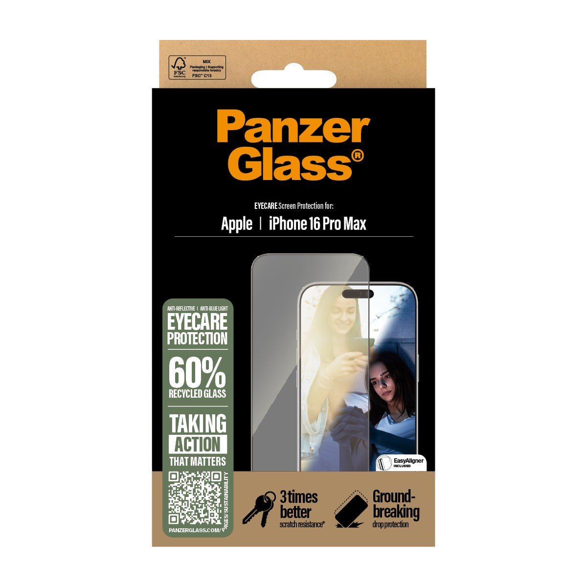 PanzerGlass® EyeCare Skærmbeskyttelse iPhone 16 Pro Max | Ultra-Wide Fit